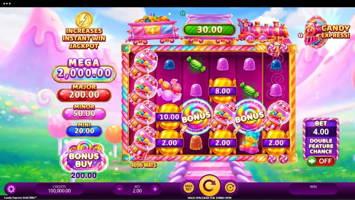 Candy Express Gold Blitz slot machine interface with candy theme