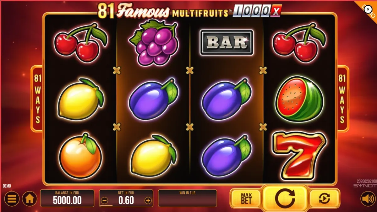 Tampilan visual slot 81 Famous Multifruits 1000 dengan simbol buah dan neon